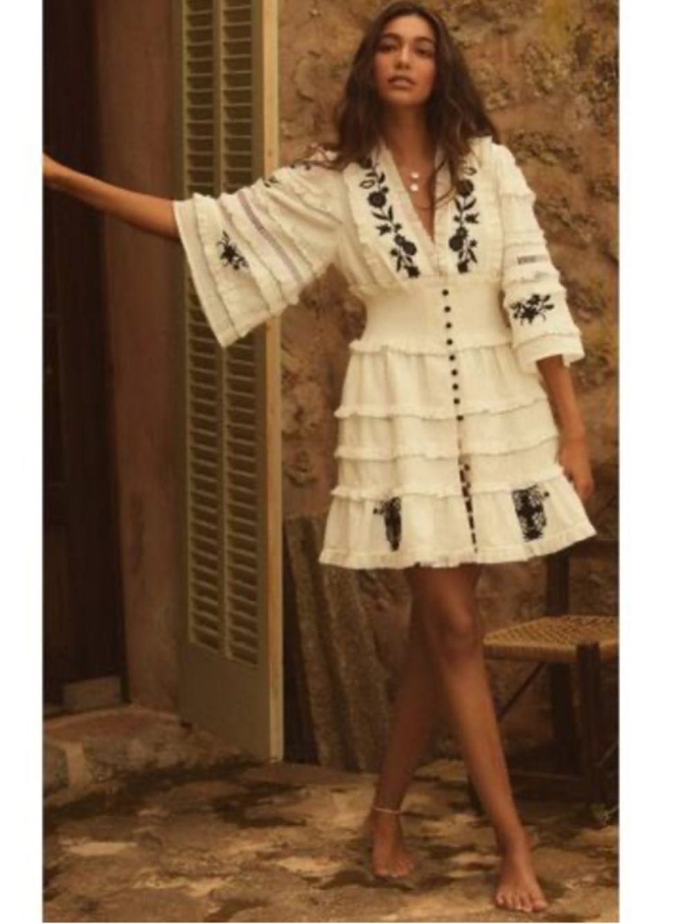 ANTHROPOLOGIE Embroidered Ruffled Mini Dress Sz L White Cotton Floral Boho VNeck - Picture 4 of 11